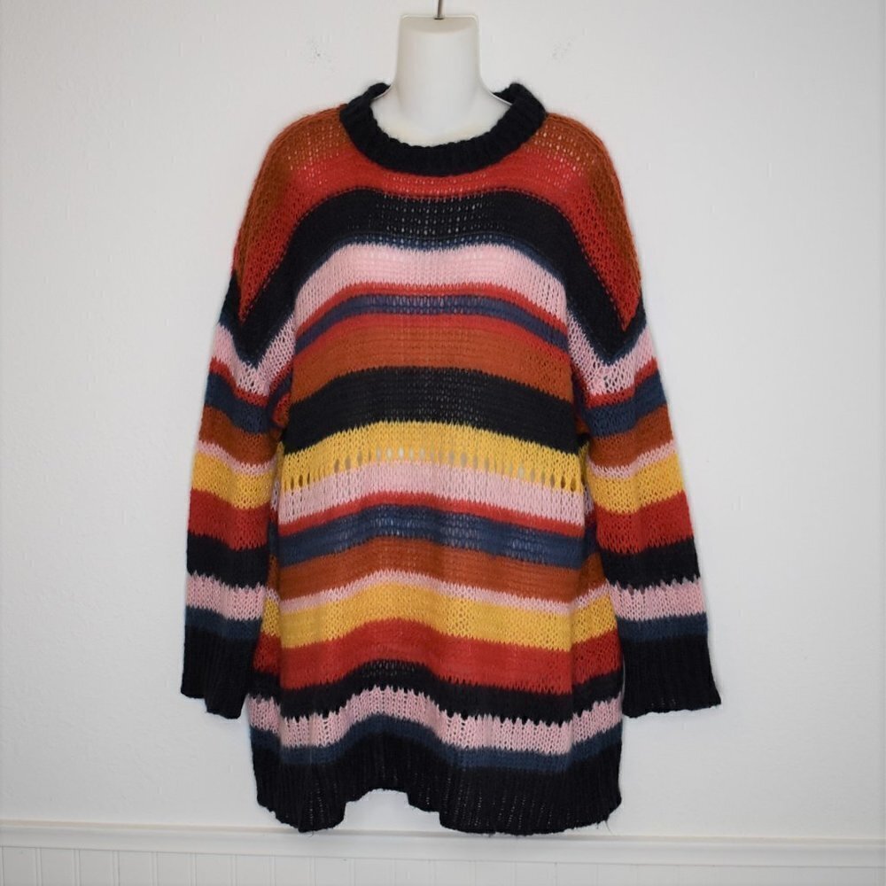 Zara Multicolor Striped Sweater Tunic Dress Sz M Boho 70s Retro Hippie
